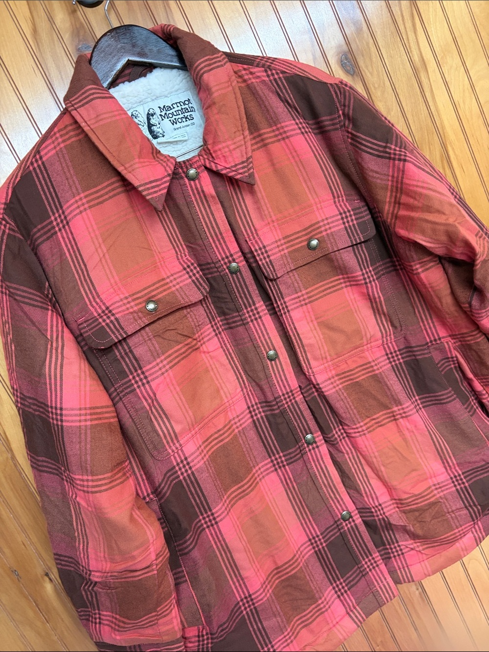 Marmot Ridgefield Sherpa-Lined Flannel Jacket Shacket Pink Plaid L/G M15836
